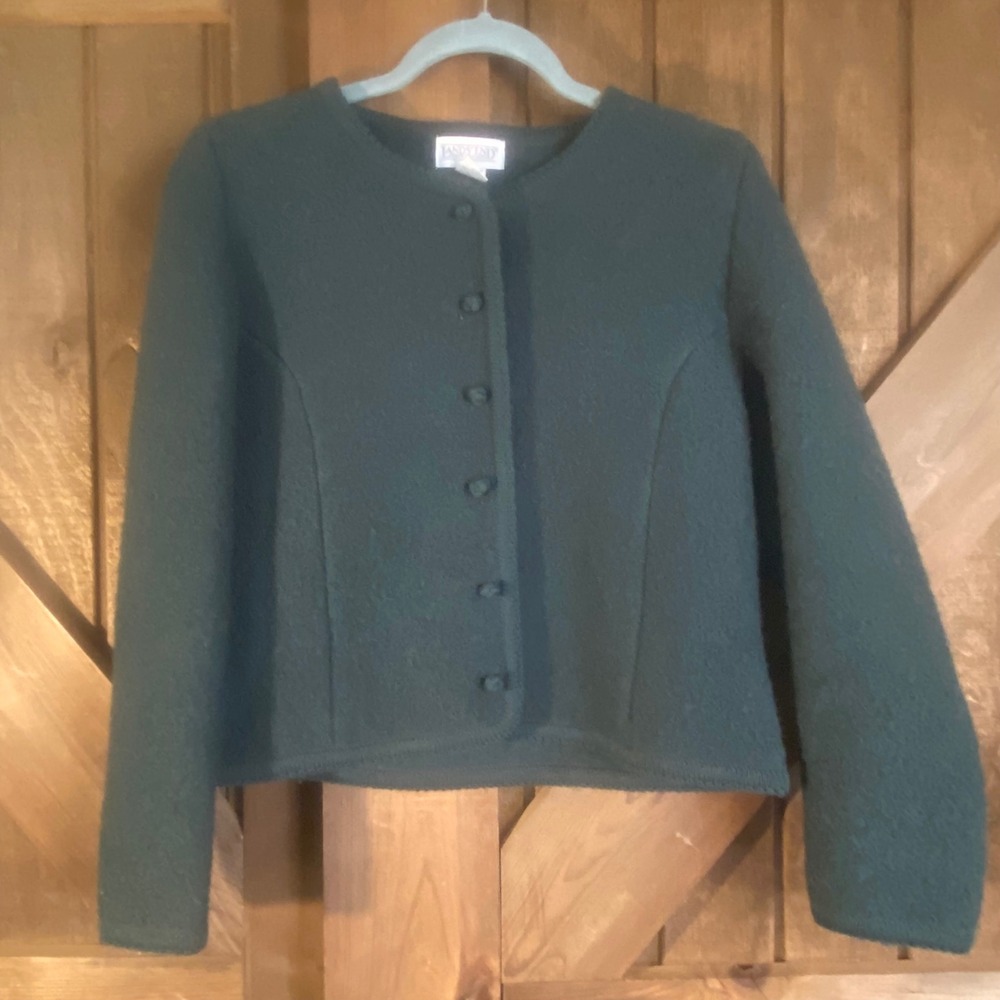 Lands End Wool Cardigan Women 12P Green Vintage Cropped Jacket